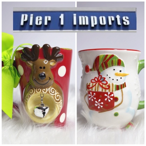 NWOT Bundle Pier 1 Mugs 3D Reindeer Jingle Bell Polka Dot & Gift Giving Snowman - Picture 1 of 8